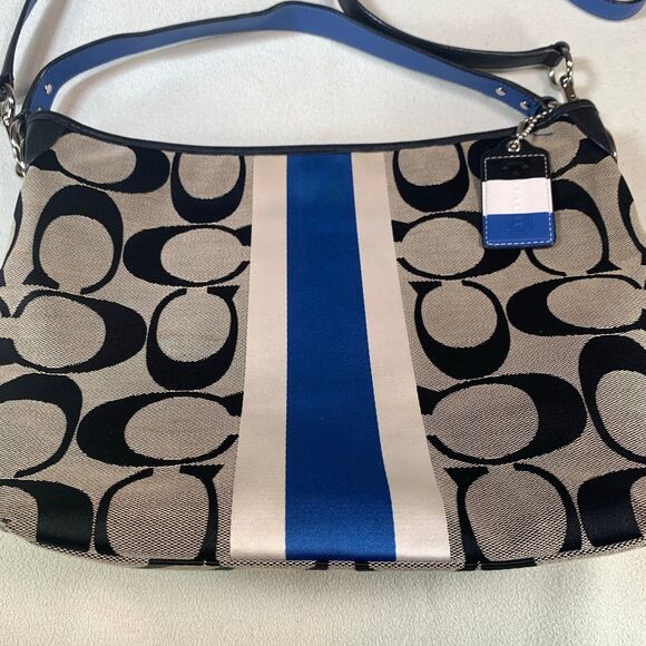 Coach Jacquard Black Blue Hamptons Weekend Satchel Purse C1282-10055 shoulder - Picture 8 of 11